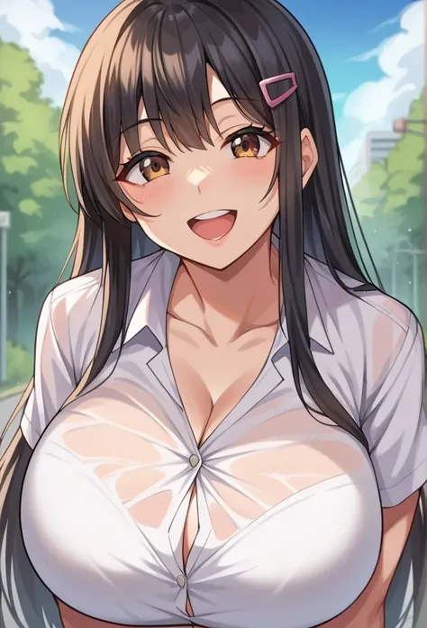 score_9,score_7_up, BREAK source_anime,,Megumi_f, 1girl, Alone,shiny,black hair,long hair, brown eyes,,hairclip,white shirt,navy bluehanbok,huge breasts,open mouth,,smile,,outdoors, gaze realistically , 