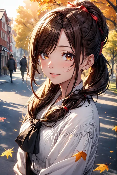 (8k, Best Quality, masterpiece:1.2),(Best Quality:1.0), ( ultra high resolution:1.0), Beautiful woman, Ponytail tied with ribbon ,Brown Hair, Theyre looking at me, squinting, and laughing, Half Body Portrait ,  Extremely bright shiny design , , (ink:1.3), ...