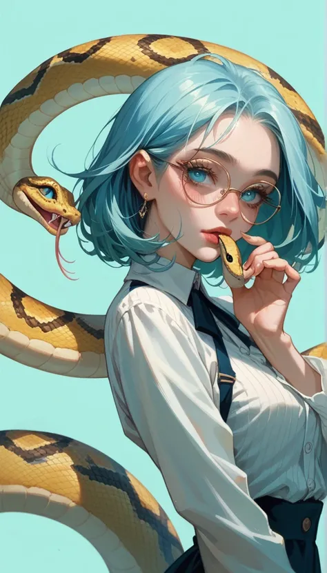 light blue background,  woman with a tail with glasses, holds a snake, green blue eyes ,  long lashes, 