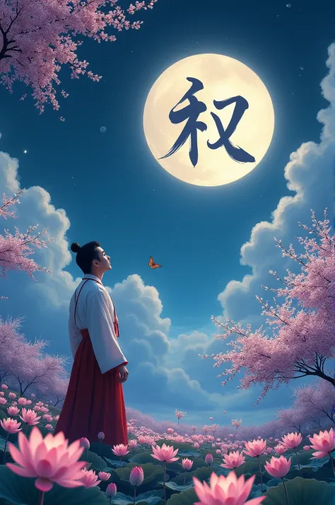 Make a Korean man looking at the night sky of Sakura look like a character, dont show his face on a background with lots of lotus flowers while wearing a Korean hanbok, write a very large kanji in the sky because its a star, and make the character turn his...