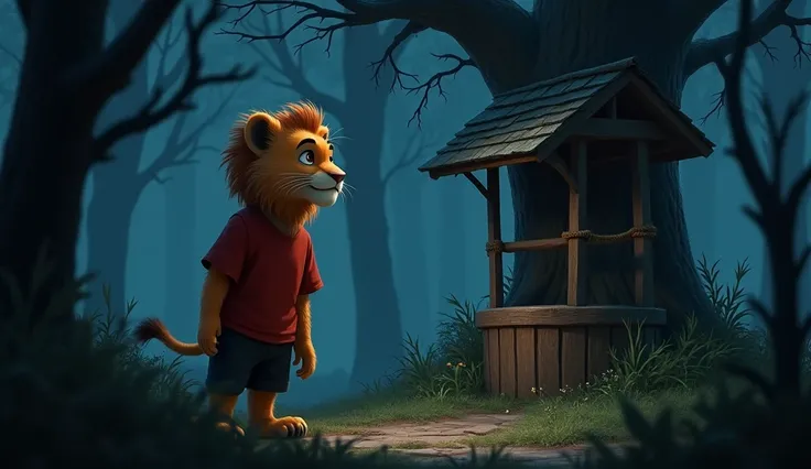 A lion cub named sheru, sheru wearing red tshirt and black pant, with large fluffy fur, "A dark forest at night, with a tree standing next to an old well. Human friends of Sheru, a tiger, are tied with ropes to the tree. The eerie, shadowy surroundings of ...