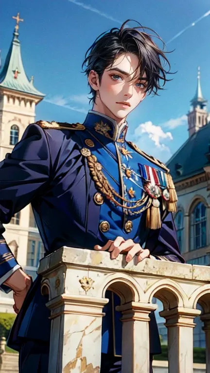 prince,   Young people,   Vivid ,   Black Hair  ,   handsome,   Vivid な色彩,  Historic castles, royal palace,  uniform,
 