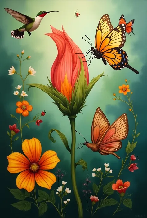  Mural design with a butterfly bud showing a nasturtium flower,  around each other pollinators , white cabbage butterflies , Hummingbirds, ren interacting  
