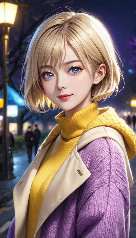 １A woman in her 30s、 very short cut hair 、walking in a night park、 Light Up 、 blue eyes、Blonde、closed-mouth smile、( small breasts)、 Slim Body 、 yellow hooded half coat 、turtleneck loose purple knitted sweater、no damage jeans