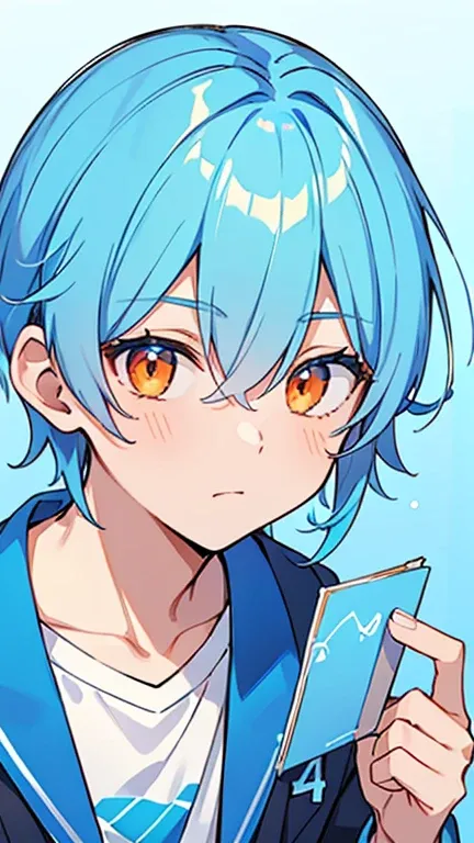 ((Blue ,Man with sky blue gradient hair and orange eyes)),((Im wearing light blue clothes like a college student)),bangs, Hair between the Eyes 