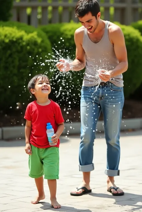  The image captures a playful outdoor scene of a young boy and an older person, possibly an adult or teenager. The boy, wearing a red shirt and green shorts, is laughing and holding a water bottle. The older person, wearing rolled-up jeans and holding flip...