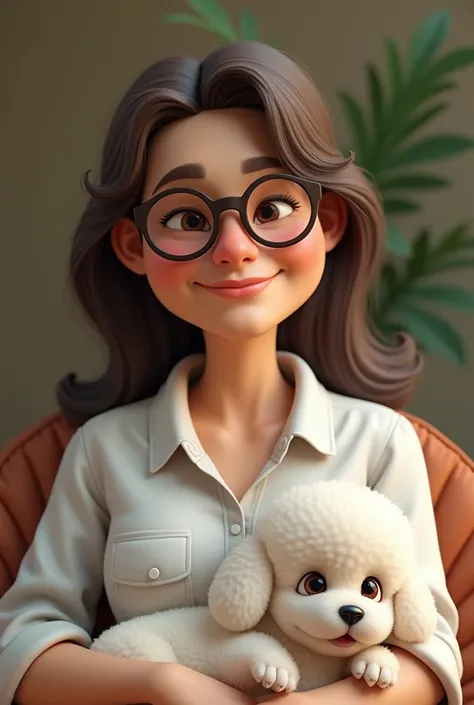  a short lady ,  of Brazilian origin , aged between 50 and 60 years , chubby,  wearing glasses with an oval base , smiling, thin-lipped,  and expression marks on her face ,  White shirt with buttons ,  long brown hair , And in her lap a white Poodle dog, o...