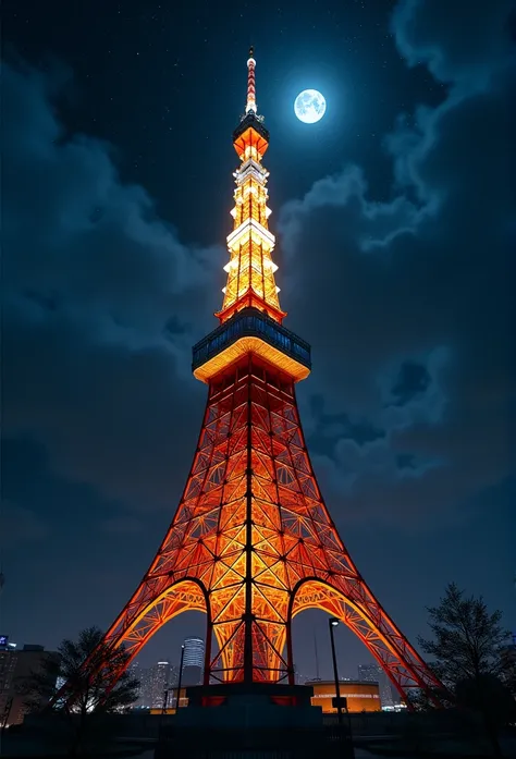 (( Tokyo tower ))  looking up from directly below, Cinematic lighting, ((night、Moonlight and Starry Sky )), , top-quality,  super resolution,  hyperrealism, Sharpness