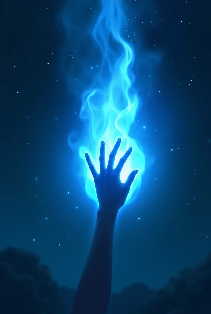 Blue flame floating in the night air and a hand coming out of the flame