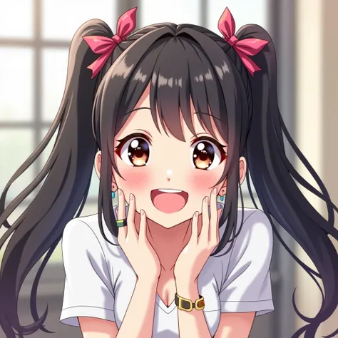  1 girl, Long Hair, Black Hair,  Twin Tails, とてもLong Hair,  ribbon hair accessories, tongue,  earrings for a woman alone,  Blur Background, Bangs,  show your teeth and laugh , happiness/joy,  Illustration ,  anime style, 