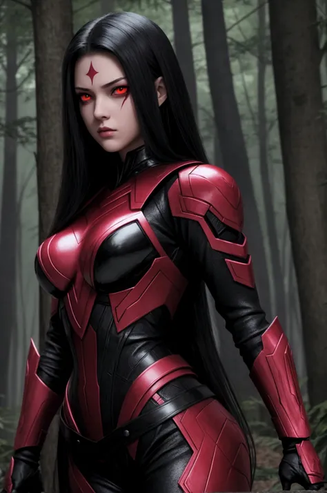 Teen girl(1.6) , super villain , red eyes, detaleid face, x23 reference, black hair, beautiful, sexy, killer, background in dark forest
