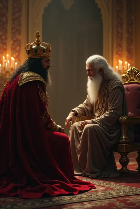 The king bows down to the wise man sitting on the throne.