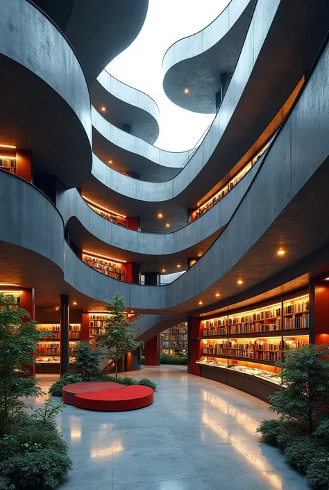 All in 3D. A new completed project for a modern library.In spiral in fractal in asymetry and concrete and color blue, red, yellow silver and extreme black metal contrast and concrete in extreme new architecture from Le Corbusiers Art and Style of Architect...