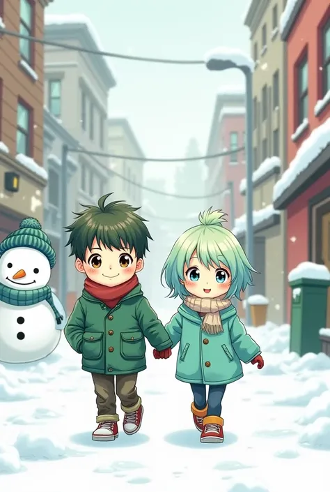 Manga cartoon    Boy and  Girl  skin white smile , short hair colour green - light blue gradient , wear outfits  Winter wear  and  sneaker colour green and  blue  walking in  City with  snow - snowman  backdrop  wall  , manga water colour  cartoon style  .