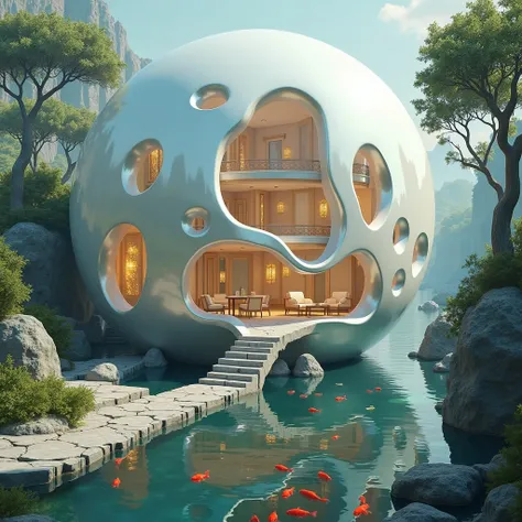 4k resolution, Ultra HD.  A solid huge round shiny pearl is made of a multi-storey translucent house, , the window cutouts show expensive decoration , in a beautiful landscape ,  a river with red fish runs nearby ,  and a stone path leads to it .  high det...