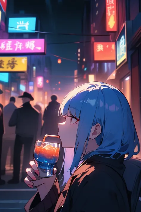  ultra high resolution、 Cyberpunk 、Overlooking the city、 Neon Street、 Eerie Atmosphere 、beautiful girl、Blue Hair、 Chinese vibe、Girl drinking alcohol 