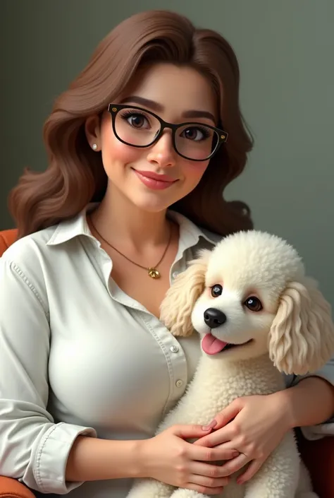  a short lady ,  of Brazilian origin , aged between 50 and 60 years , chubby,  wearing glasses with an oval base , smiling, thin-lipped,  and expression marks on her face ,  White shirt with buttons ,  long brown hair , And in her lap a white Poodle dog, o...