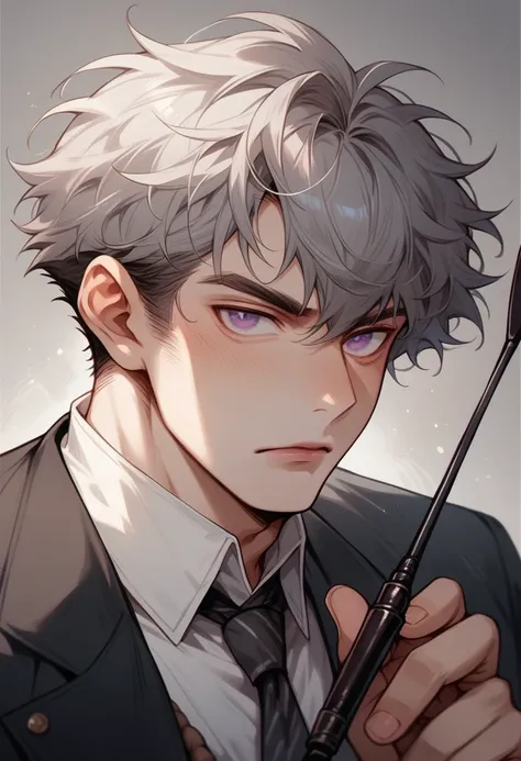 male, penis, Rope, Riding crop, Chunky bangs, Gray hair, violet eyes, Glitter lips