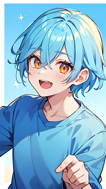 ((Blue ,Man with sky blue gradient hair and orange eyes)),((Im wearing light blue clothes like a college student)),bangs, Hair between the Eyes ,laughing