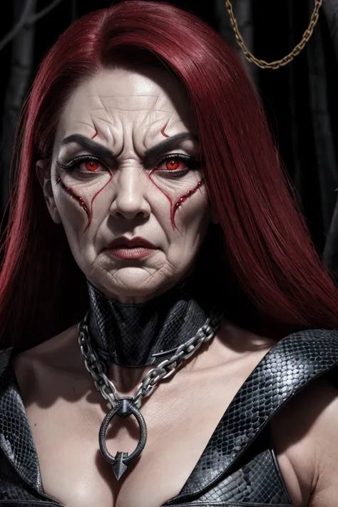 woman super villain, middle-age wrinkles, scarlet mortal kombat , red eyes, black-red hair, detaleid face, using chains power, beautiful, sexy, psycho, snake around background in dark forest
