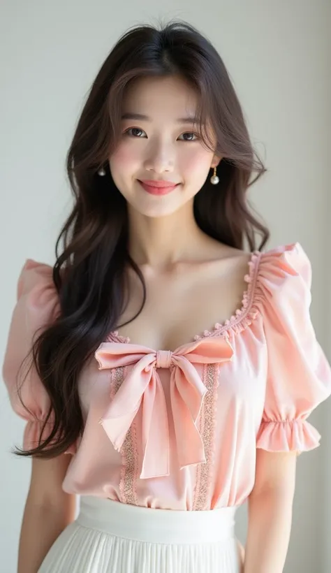 cute Korean girl, sweet smile. She wore a trendy pastel pink blouse with lace details and a white pleated skirt, typical of todays Japanese fashion. This outfit features delicate ruffles and a bow at the neck, in a soft, youthful color palette. The picture...