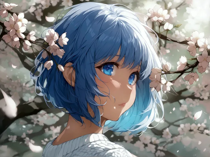 Gray Hair、Bob、Blue Eyes、Large breasts、Cherry blossoms are dancing 、Overall image、 white sweater