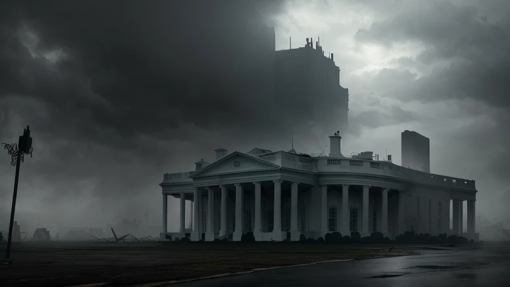 misty, very cloudy, rainy, dark, lost city, White House, apocalyptic, wide shoot


