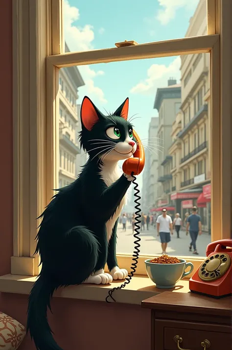  Create me an image of a cat ,  sitting in front of a window  , and speaking on the phone ,  cat is black and white and next to it a cup with cat food on a nightstand ,  out the window you can see a lot of people walking by on a hot day  