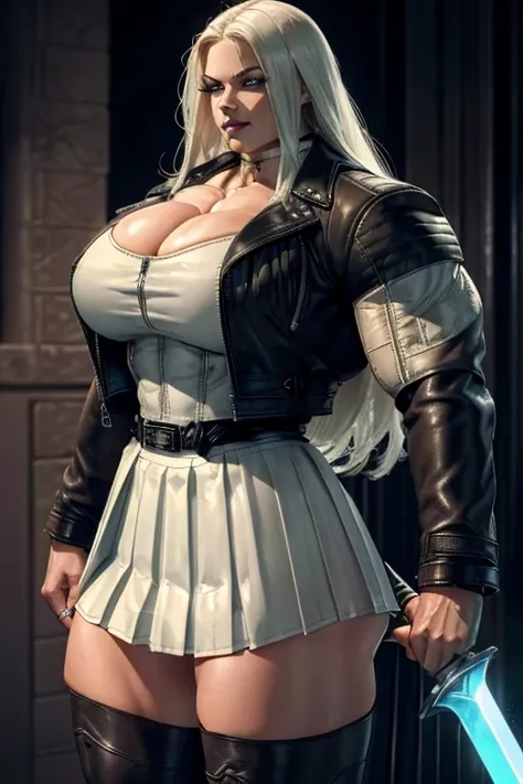 ((Close-up)), tall, (White hair) beautiful muscular woman, long straight hair, light brown skinned, closed smile, (black lipstick), (massive muscles), (hyper muscle), (ginormous bulky muscles), glowing blue eyes, ((((leather jacket and long white pleated s...