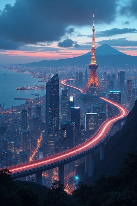  Cyber City ,  TOKYO SKYTREE, Metropolis,  metropolitan area ,  Night view from above the expressway , Mountain Pass ,  m . Mt. Fuji on the right,  left side is the sea , Night view from above