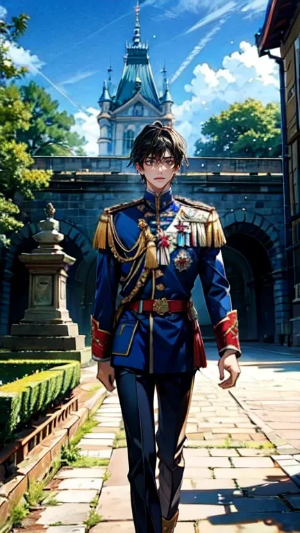 prince,   Young people,   Vivid ,   Black Hair  ,   handsome,   Vivid な色彩,  Historic castles, royal palace,  uniform,
 