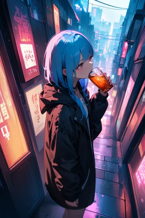  ultra high resolution、 Cyberpunk 、Overlooking the city、 Neon Street、 Eerie Atmosphere 、beautiful girl、Blue Hair、 Chinese vibe、Girl drinking alcohol 