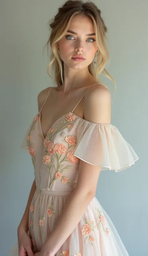 Full body photo of the dirty blonde model with big blue almond-shaped eyes wearing a long, off-shoulder gown with intricate floral embroidery in pastel shades