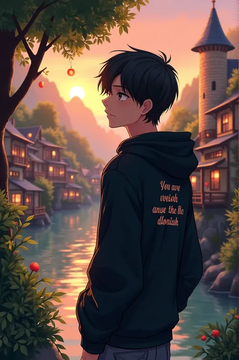 A dark-haired man wearing a black hoodie with a  "Whatever happens, I trust in you" A dark-haired man wearing a black hoodie with an affectionate face and a graffiti called,  small town by the river, Detailed landscape, Beautiful natural scenery,  Atmosphe...