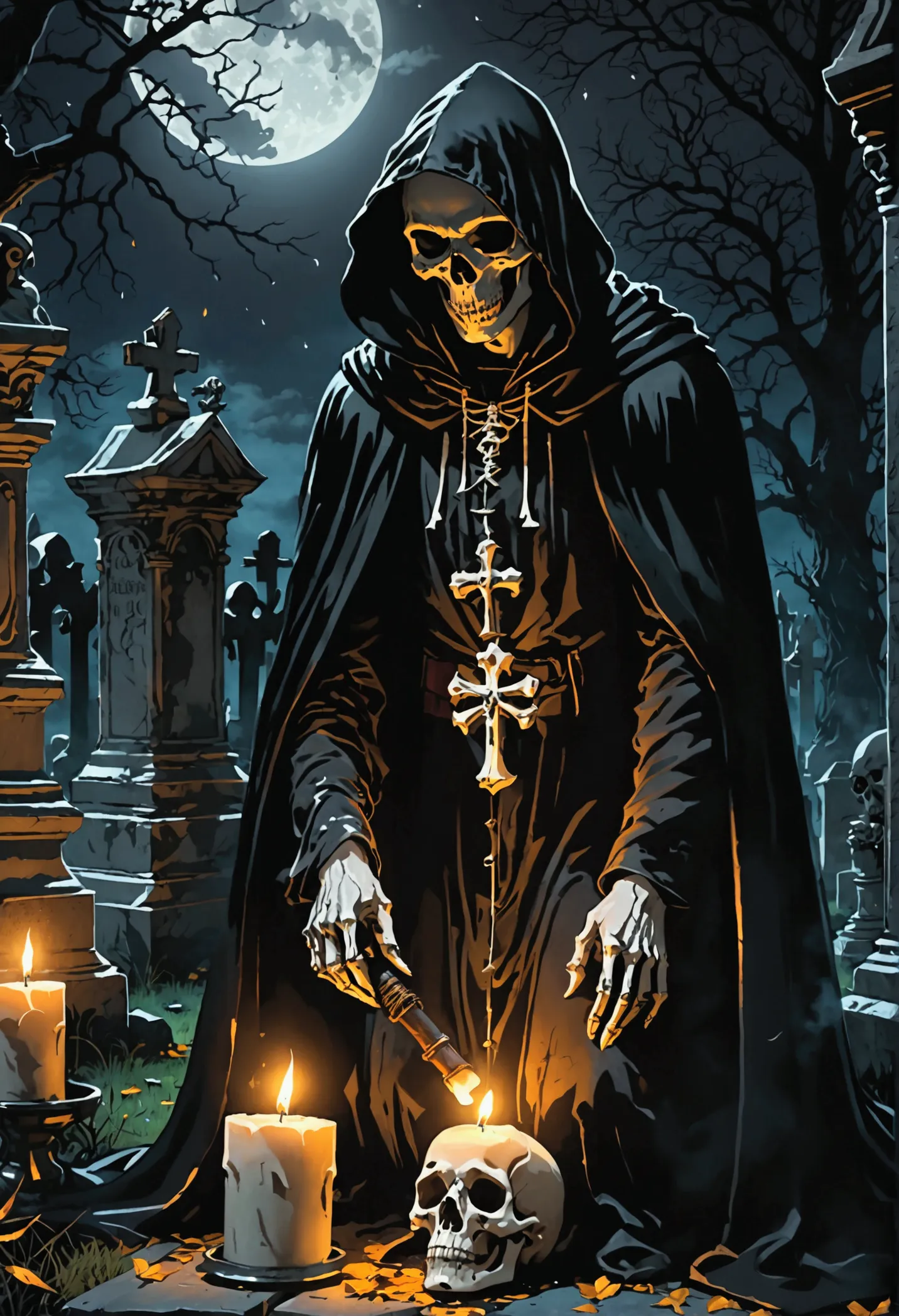 realistic image, 4k, ultra hd, beautiful outlines ,  a sinister skull wearing a black hooded cape ,  is in a beautiful cemetery ...