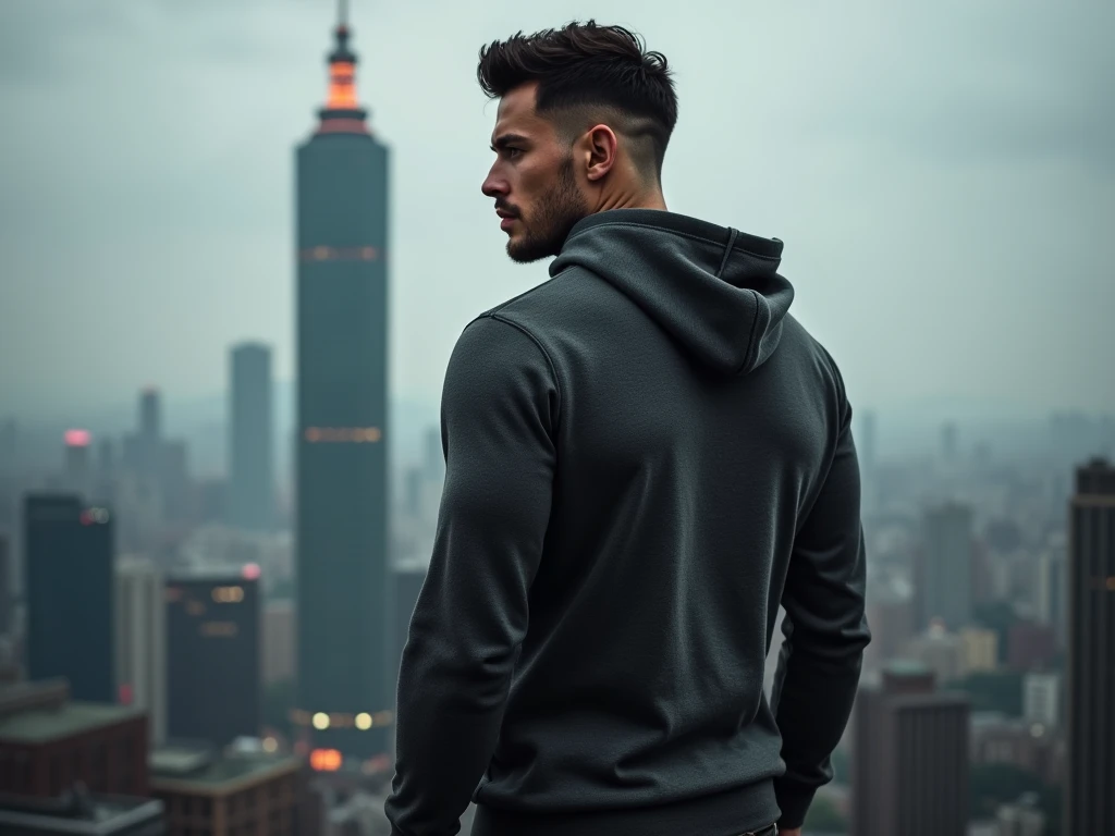 Male smouldering model, full body photo angle wearing a dark grey cotton zip-up sweatshirt with kangaroo pocket, hooded with a taipei 101 backgroun, 
shooting from his back 