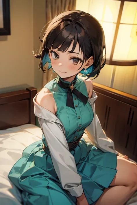 a girl ,mid short hair , off shoulder green top , and brown blue  skirt , happy , smiling , inside on bed at night ,   , ( high ...