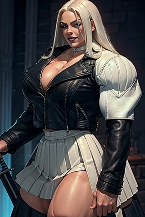 ((Close-up)), tall, (White hair) beautiful muscular woman, long straight hair, light brown skinned, closed smile, (black lipstick), (massive muscles), (hyper muscle), (ginormous bulky muscles), glowing blue eyes, ((((leather jacket and long white pleated s...