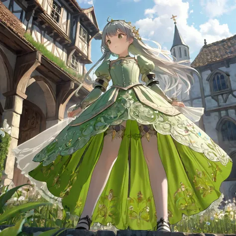 (  Highly Detailed CG Octane Rendering 8k Wallpaper ),  Worlds Most Beautiful Artwork ,  full body shot seen from below , Complex,  high detail, ８ year old girls, light green embroidery,  Medieval Long Gauze Dress （With panniers）, Crystal Clear Fabric,  ra...