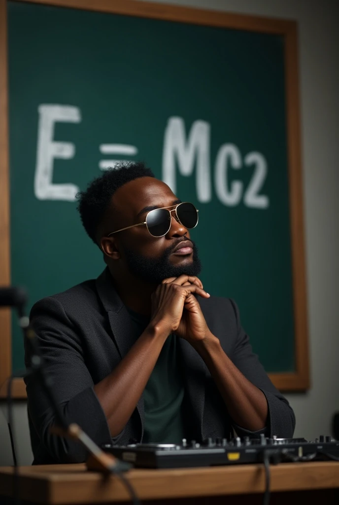 A African American dj wearing sunglasses day dreaming with e=mc2 on a chalkboard in the background 