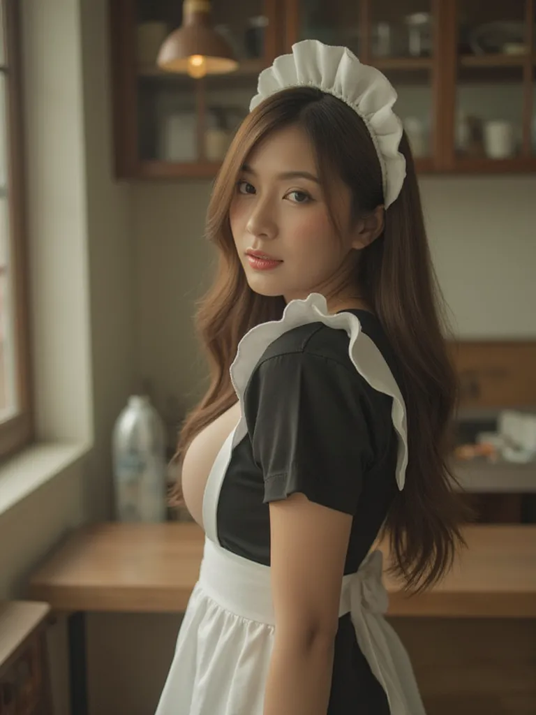 thai woman with long hair ,wearing cleavage traditional maid’s uniform consisting of a black and white dress, a white apron, and...