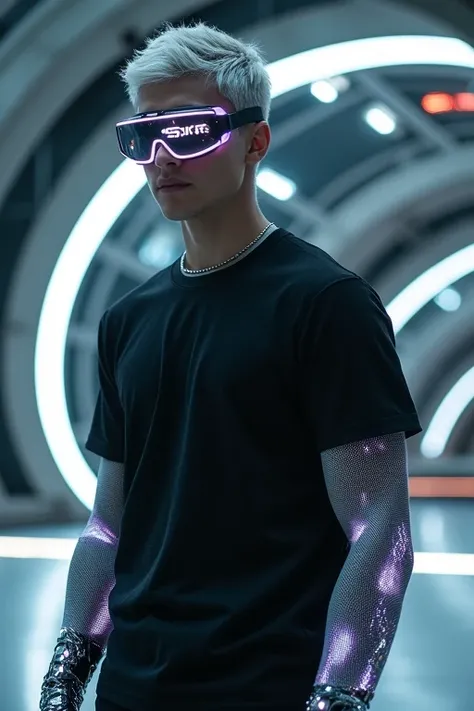 ((masterpiece)),((bestquality))
Photorealistic, Portrait of a handsome young man with short hair, silver gray, wearing a black t-shirt, the SXR sci-fi style, glowing in silver, high-tech luxury, standing in a glowing dome, photographed. The SXR brand has a...