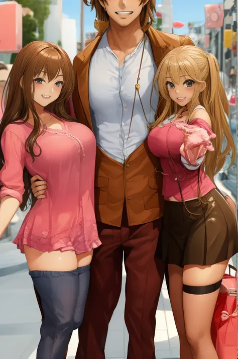 2girl, 1boy,  , gyaru, grin, cheerful,
ffm threesome, group picture, double girls, love triangle,  size difference,