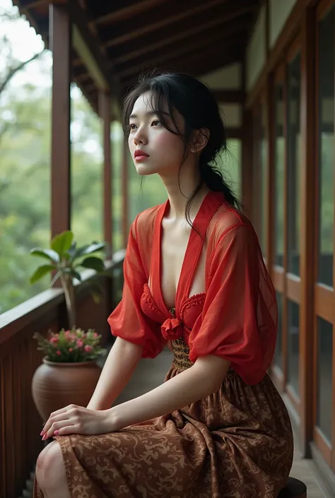 White skin girl, wear kebaya red transparent and black bra, wear brown batik pattern skirt, sitting in balcony in classic Japanese house with messy stuff 