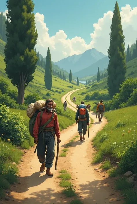  draw a rural road with day laborers walking,  carrying backpacks full of food and tools.  You can include elements such as trees , shrubs and a clear sky 