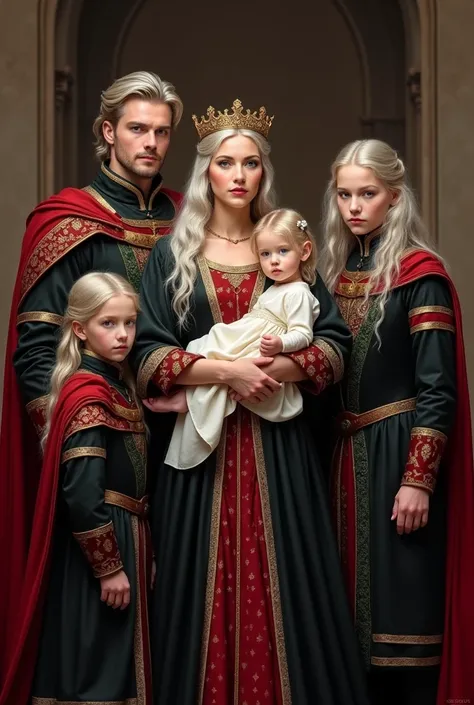 Generate an image of a portrait of family. The Queen is 37 years old. She is tall, slender and beautiful. She has long Silver-white hair and purple eyes. She is dressed richly in black gown trimmed with red and gold. She is wearing a golden crown. The Quee...