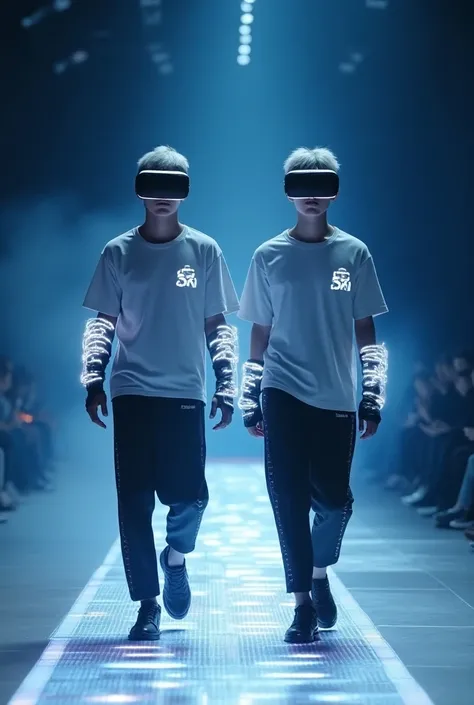  virtual reality image. Two handsome young K-pop idols , Short hair, Silver gray , Wear a glowing SXR design grey t-shirt, Walking on the runway of a fashion show .  The SXR brand cyberpunk dress has an unusual and modern design ,   featured sleeves  ./ Th...