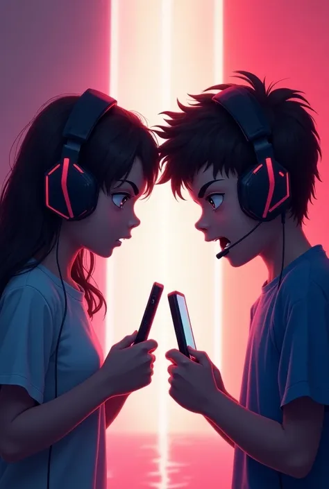 A  image of gaming girl vs gaming boy. 
 Both wearing a headphone
And also holding a mobile vertically 
phone in hands

Not torching each other 
And also a line divide girl vs boy also both are angry

