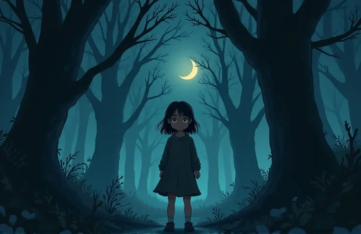 TEENAGE woman in front of a dark forest at night