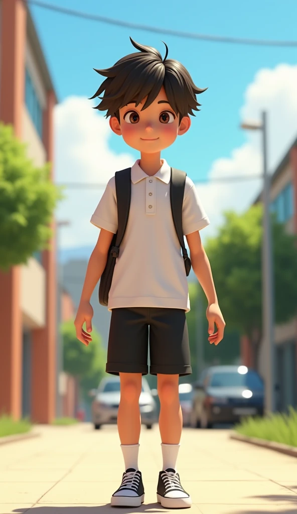 Create a 3D full body, Pixar style, Shogun, 17, smart teenager, a positive thinking student, sharp eyes, has medium short dark brown hair, wearing school white collar shirt, Black school shorts, wearing Black school canvas shoes. He is always on top of his...